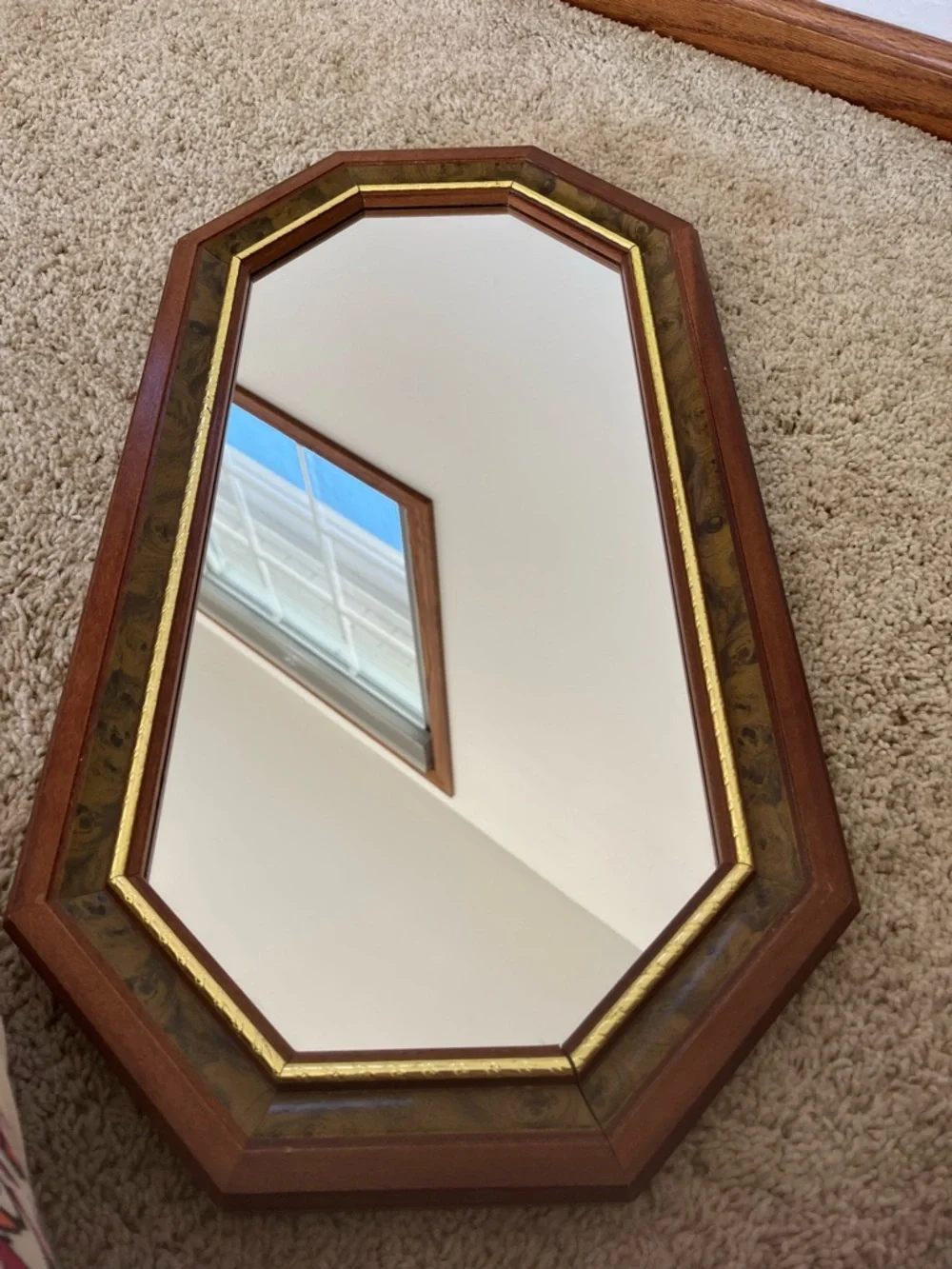 Octagonal Wood Wall Mirror with Gold Trim - Brown